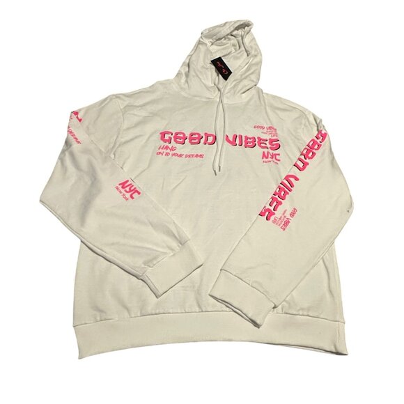 White Unisex Cotton Drawstring Hoodie 2X Pink "Good Vibes" & Dragon Graphics NYC - Picture 1 of 16
